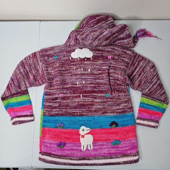 Kids Alpaca Wool Knit Zip Up Sweater Jacket Hood Cactus Animals Made In Peru - Picture 6 of 6